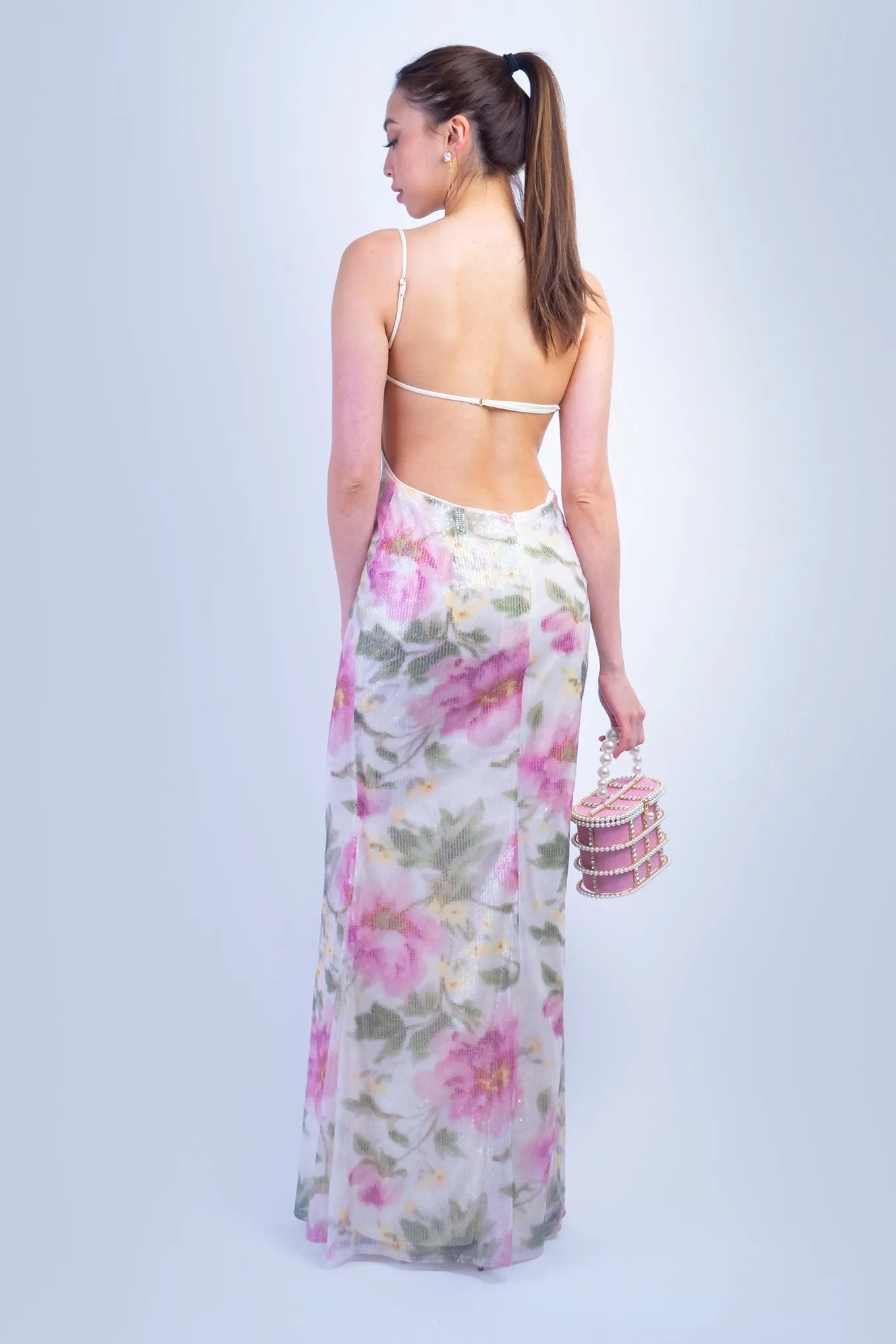 Pink Green Floral Sequin V Neck Gown