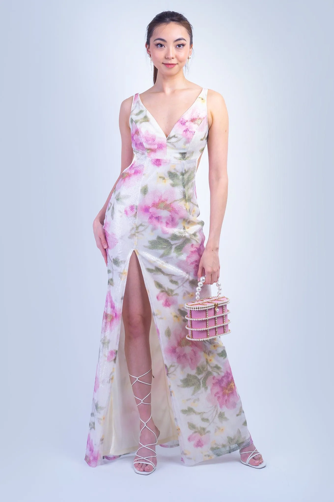 Pink Green Floral Sequin V Neck Gown
