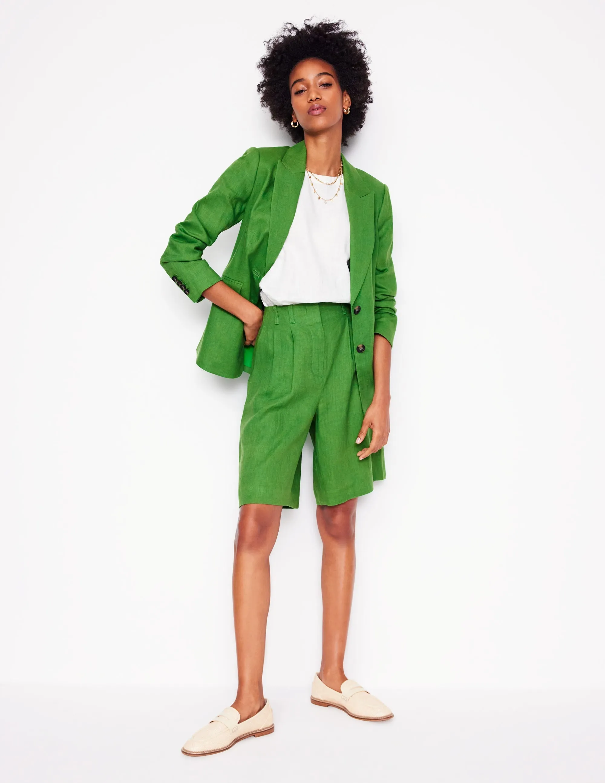 Pleat Linen Wide Leg Shorts-Green
