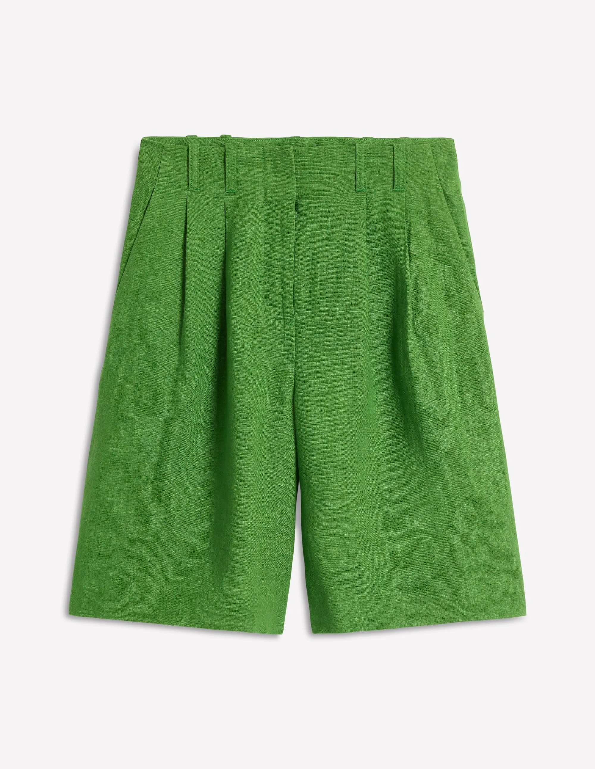 Pleat Linen Wide Leg Shorts-Green