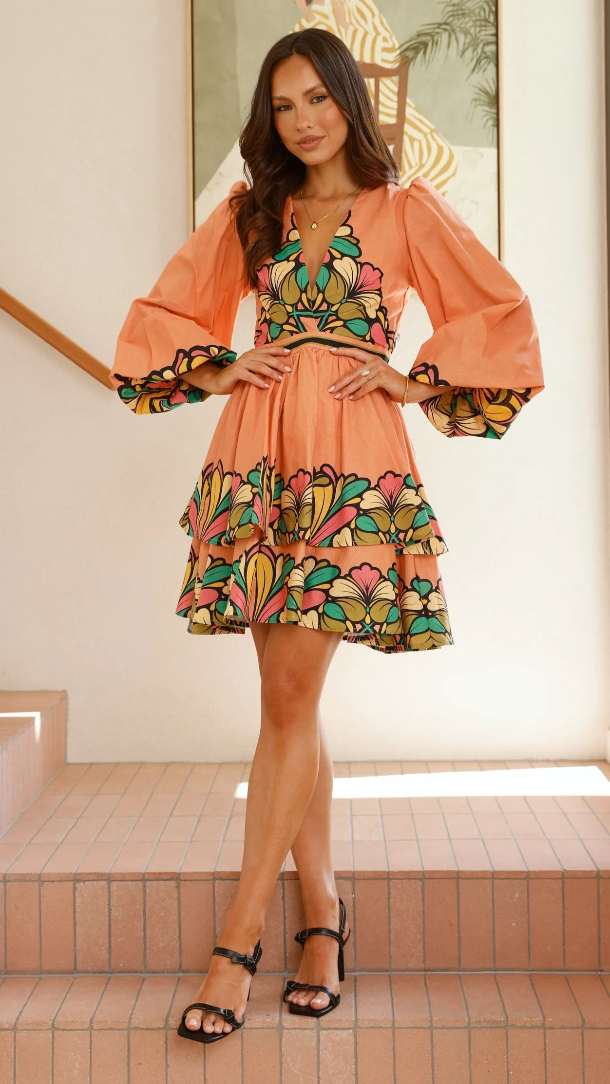 Portugal Long Sleeve Mini Dress - Melon