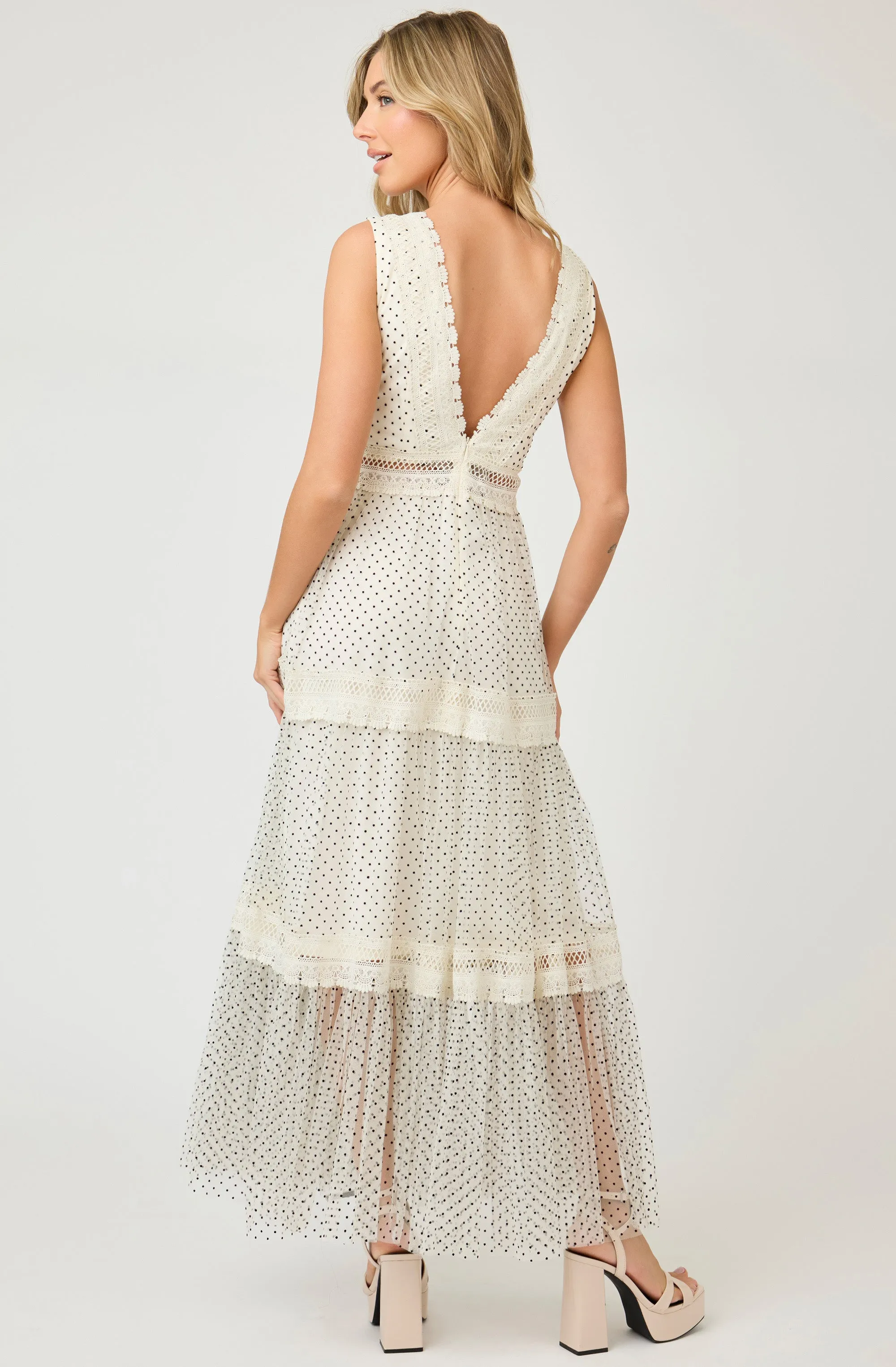 Printed Dot Midi Dress witth Lace Embroidery