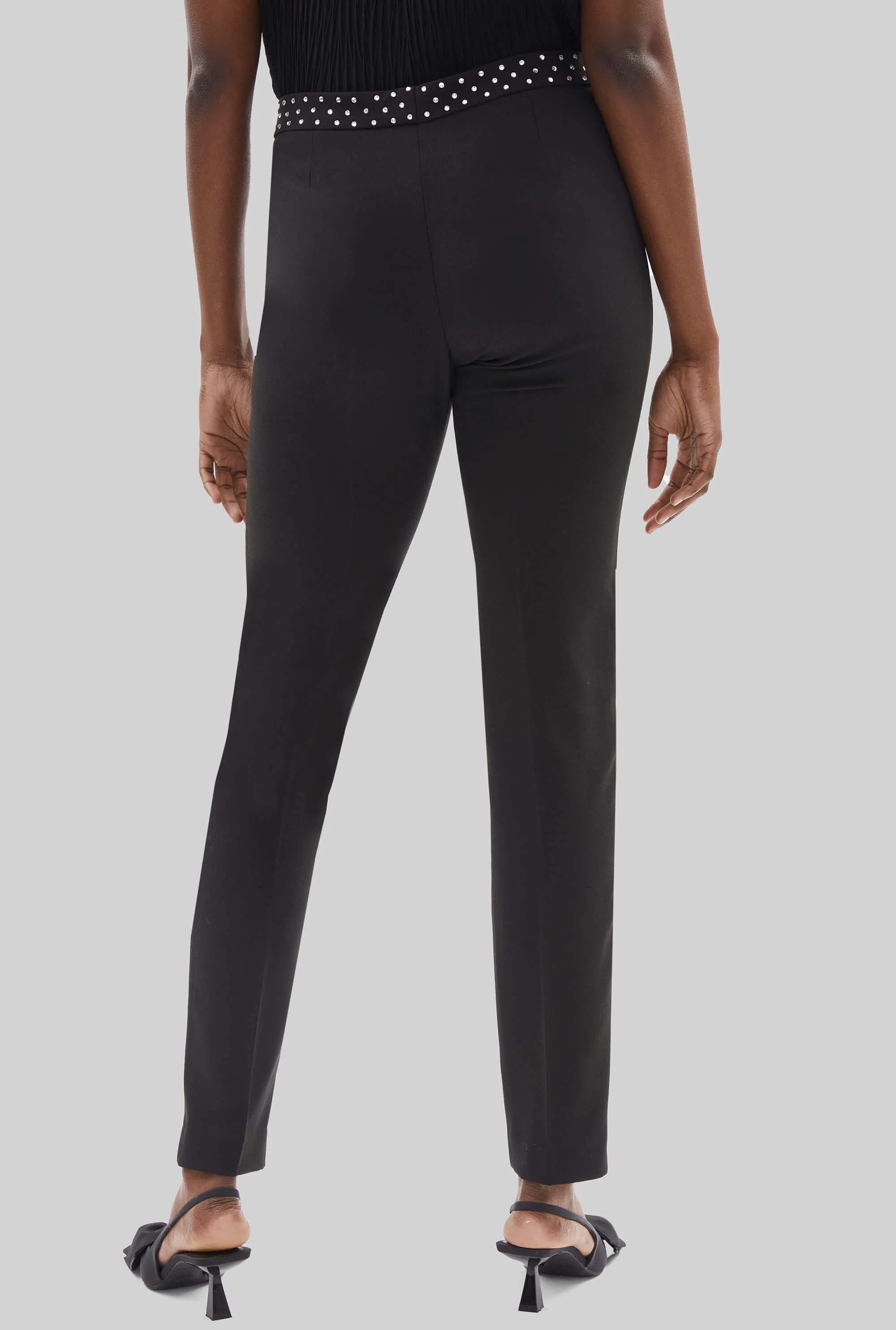 Rhinestone Waist Pin Tuck Trousers Black