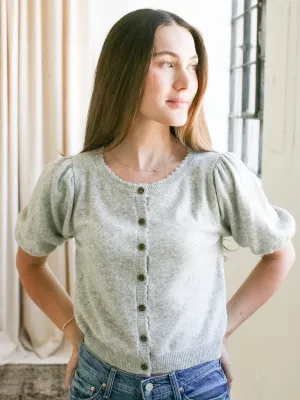 Scallop Puff Sleeve Cardigan- Gray