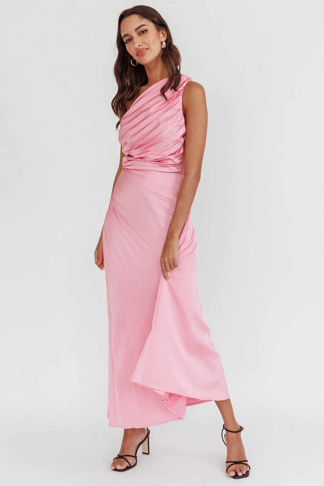 Scarlett One-Shoulder Pleat Maxi Dress Pink