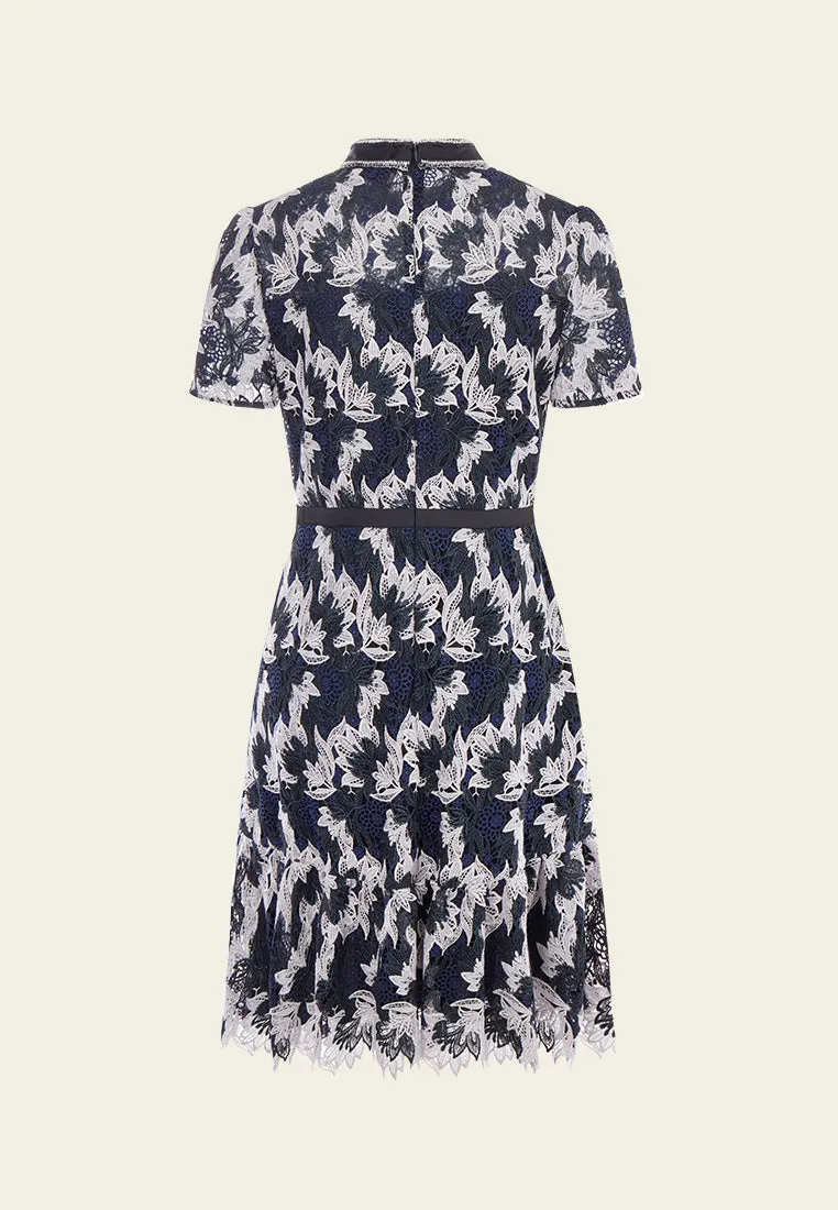 Short-sleeve Lurex Lace Ruffle-detail Dress