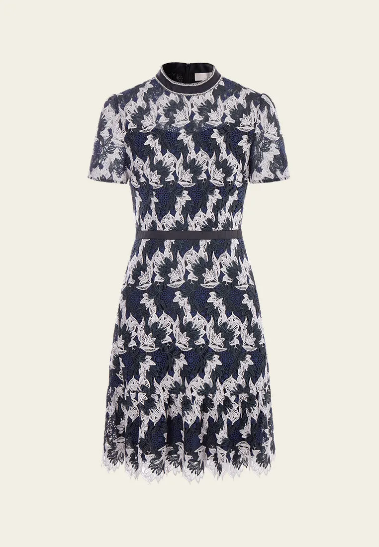 Short-sleeve Lurex Lace Ruffle-detail Dress
