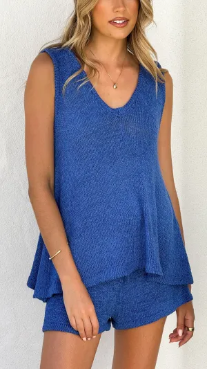 Summer Knit Top and Shorts Set - Blue