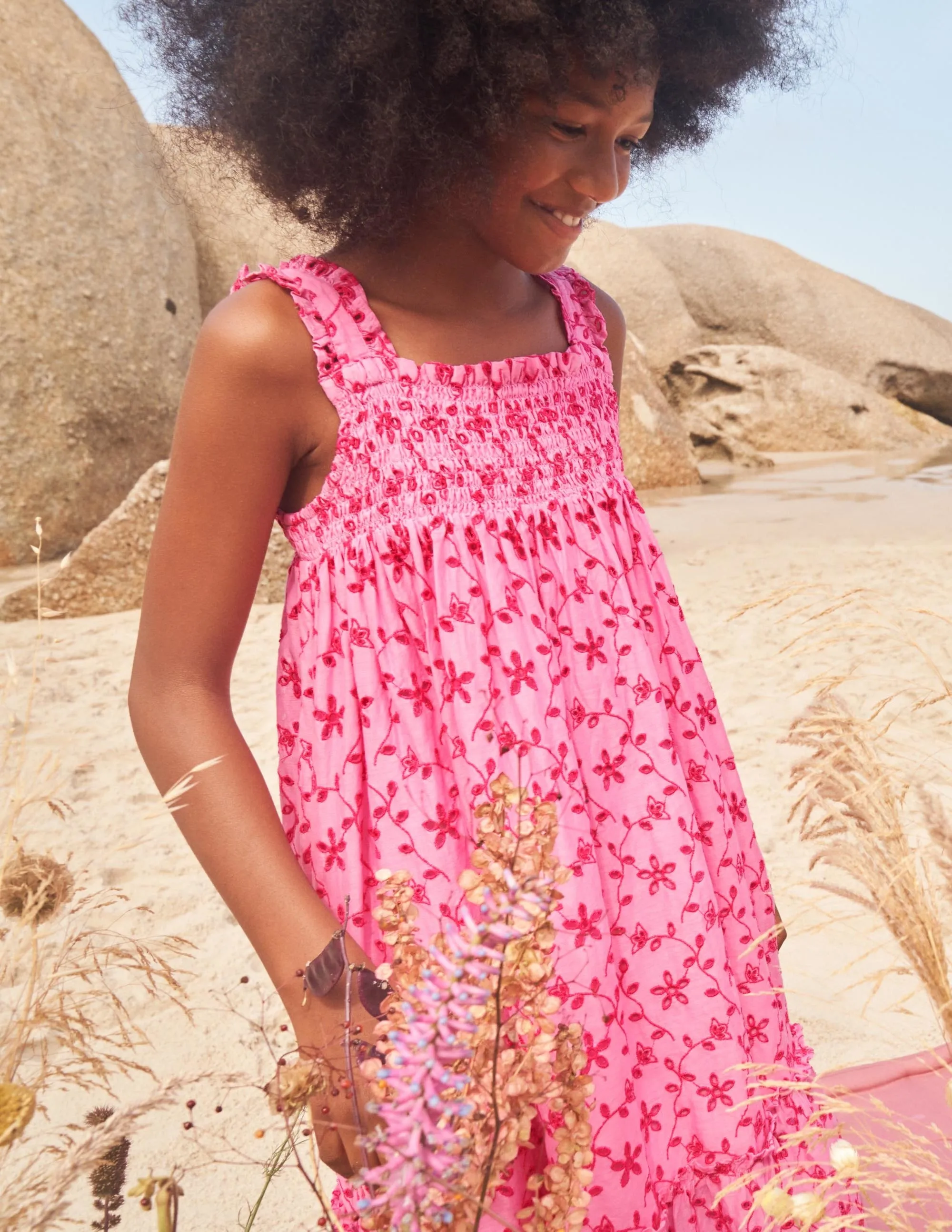 Tiered Midi Dress-Bright Petal Pink Broderie