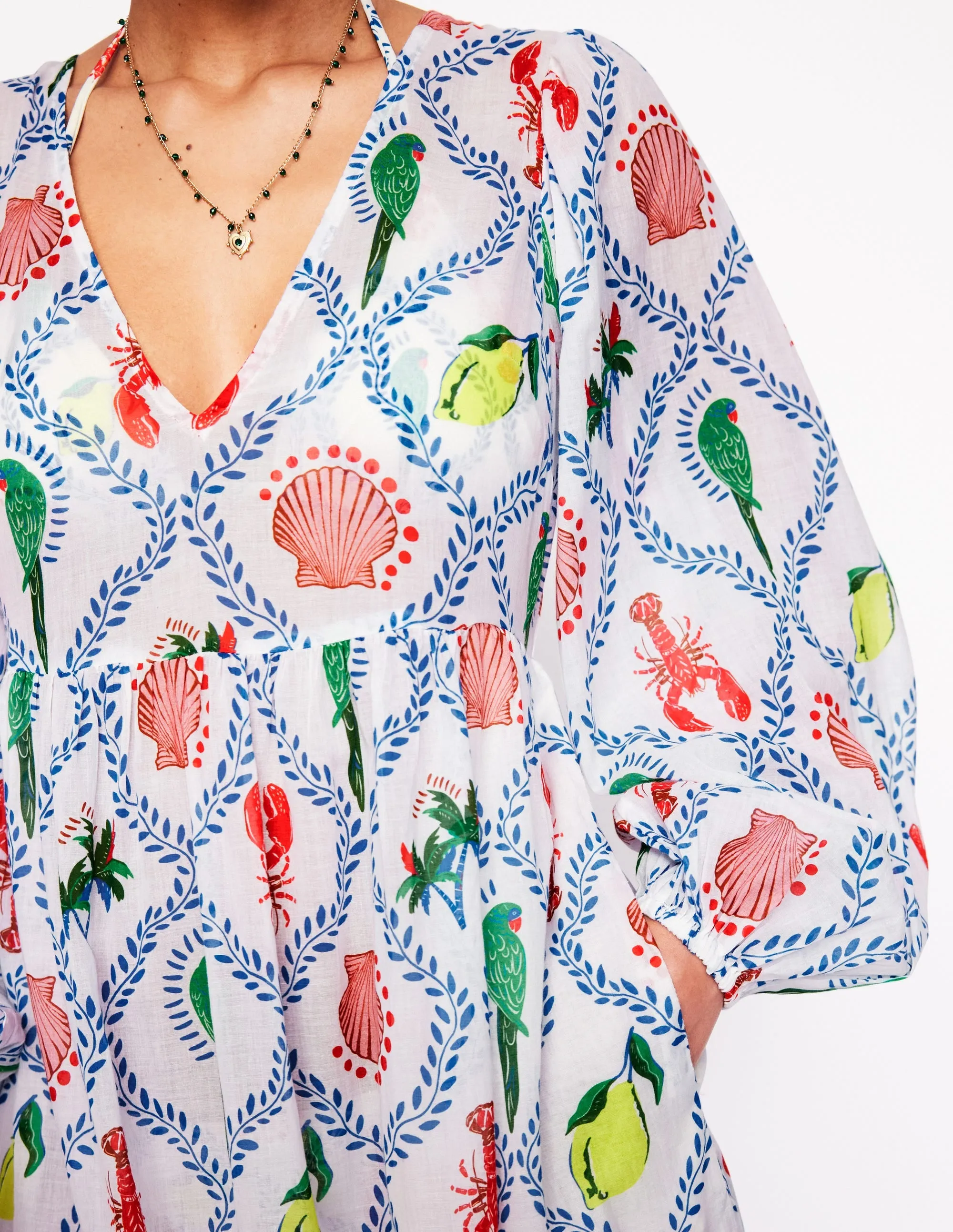 V-Neck Tiered Cotton Kaftan-Ivory. Tropical Bonanza Vine