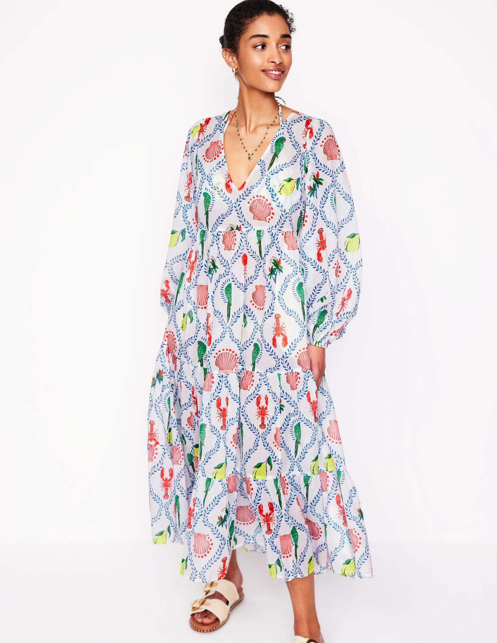 V-Neck Tiered Cotton Kaftan-Ivory. Tropical Bonanza Vine