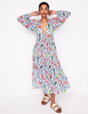 V-Neck Tiered Cotton Kaftan-Ivory. Tropical Bonanza Vine