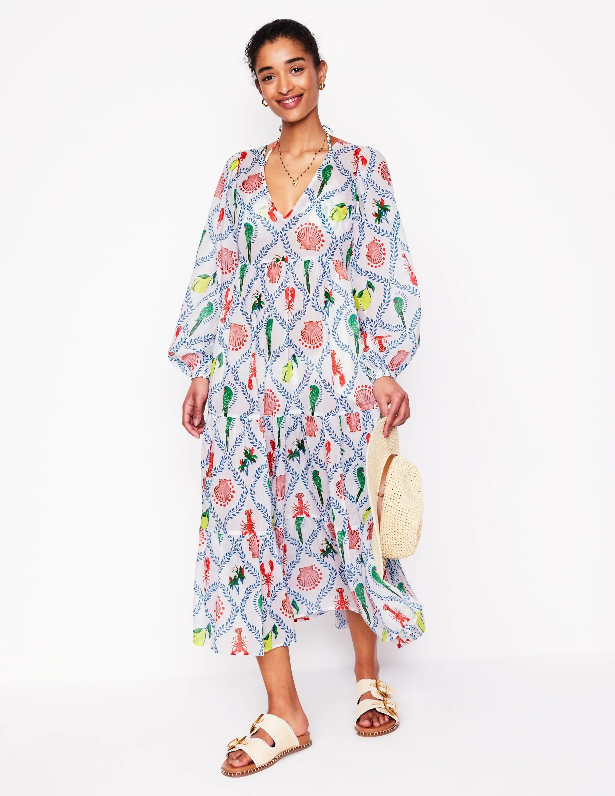 V-Neck Tiered Cotton Kaftan-Ivory. Tropical Bonanza Vine