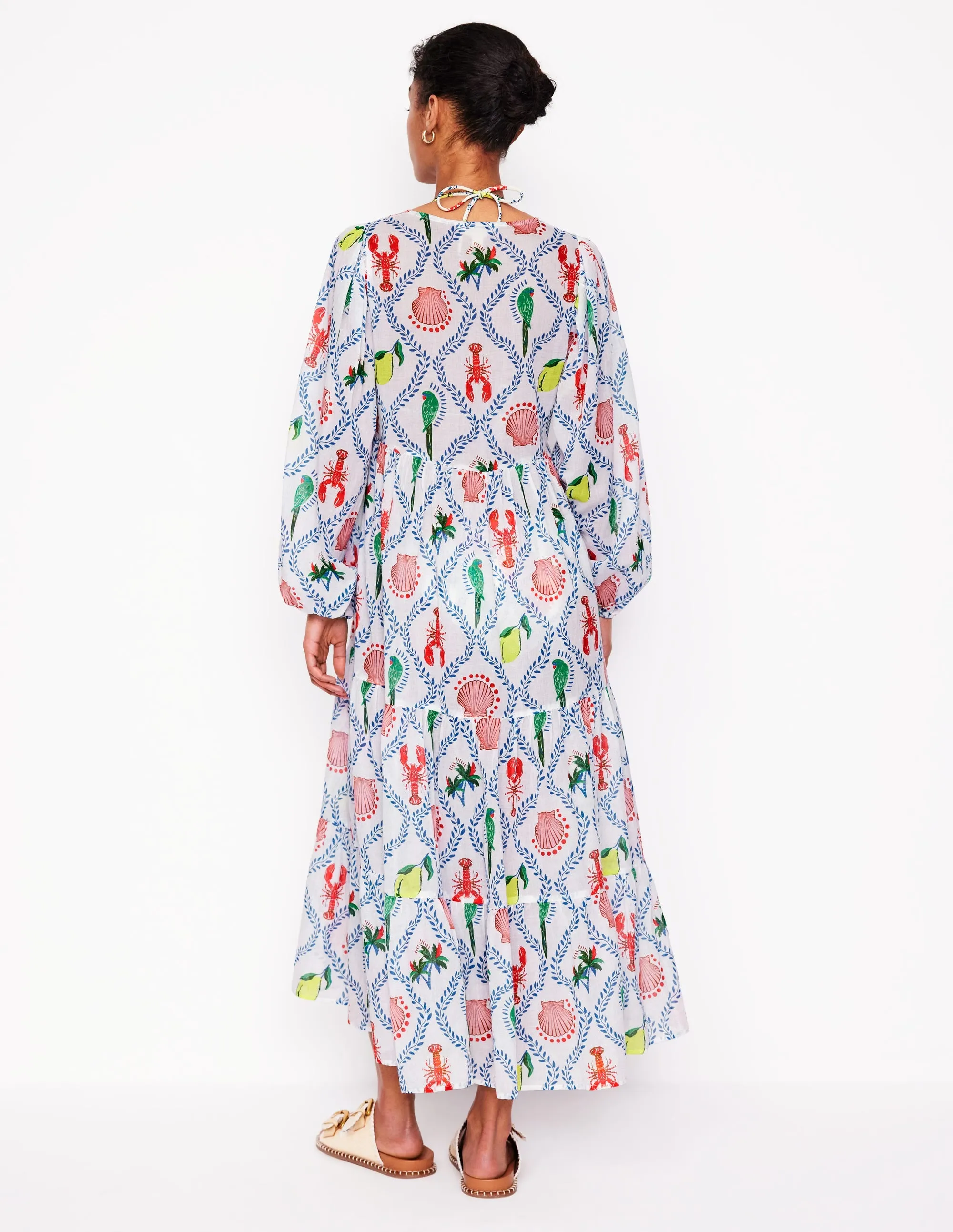 V-Neck Tiered Cotton Kaftan-Ivory. Tropical Bonanza Vine