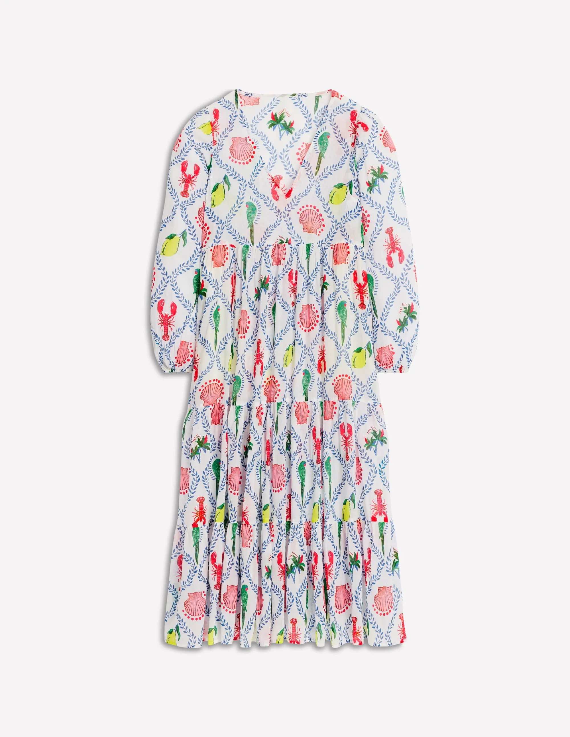 V-Neck Tiered Cotton Kaftan-Ivory. Tropical Bonanza Vine