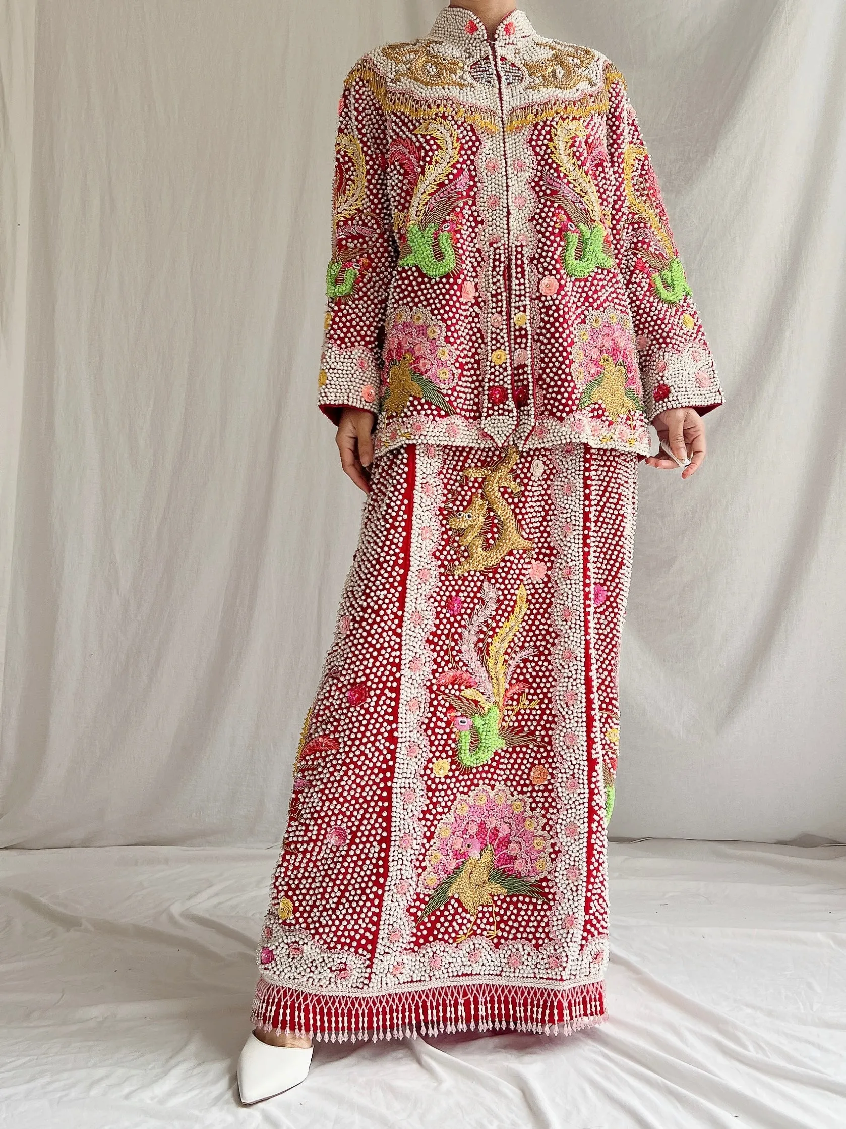 Vintage Silk 2-Piece Hand Beaded Wedding Set - M