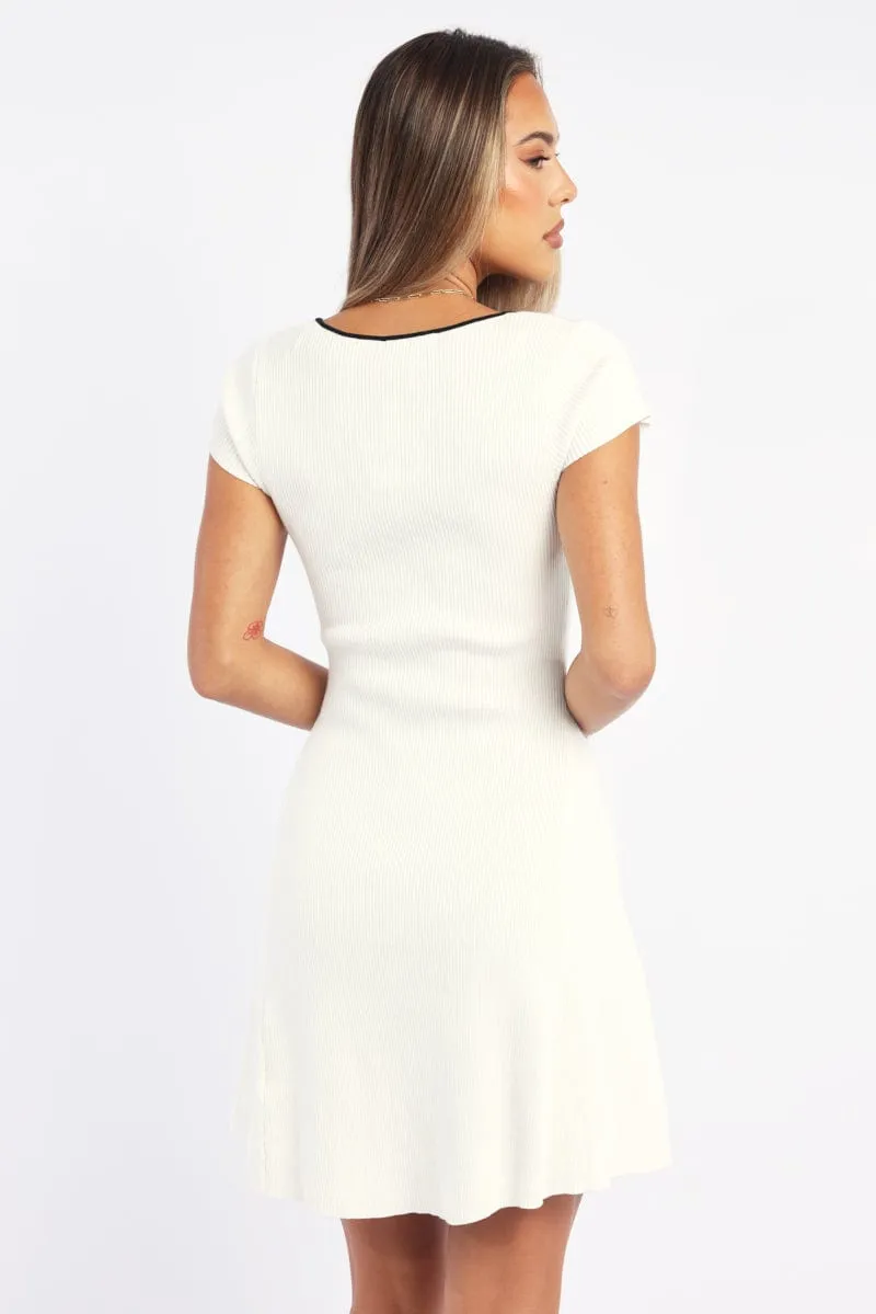 White Knit Dress Fit And Flare Short Sleeve