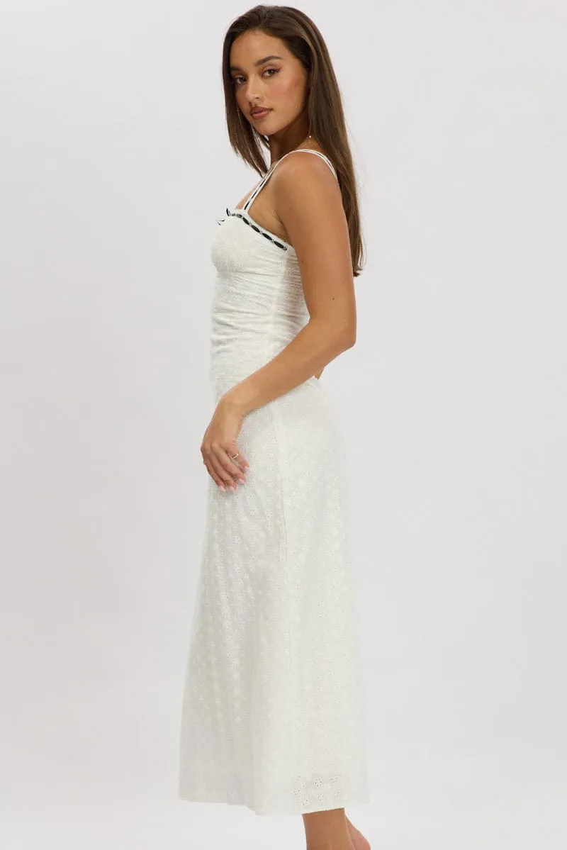 White Midi Dress Lace Trim Sleeveless Eyelet Fabric