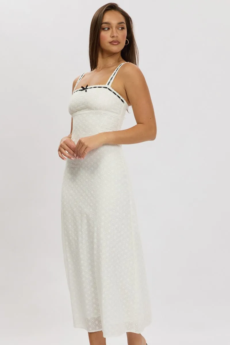 White Midi Dress Lace Trim Sleeveless Eyelet Fabric