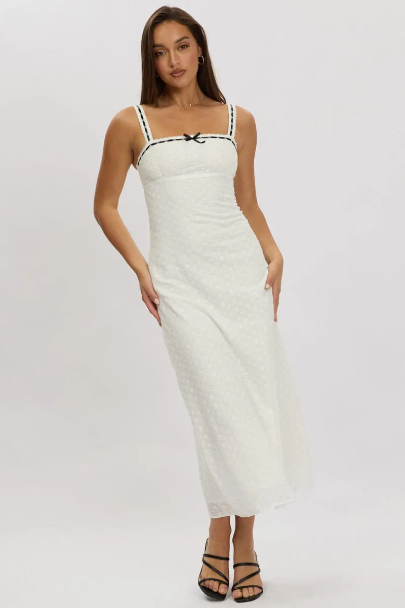 White Midi Dress Lace Trim Sleeveless Eyelet Fabric