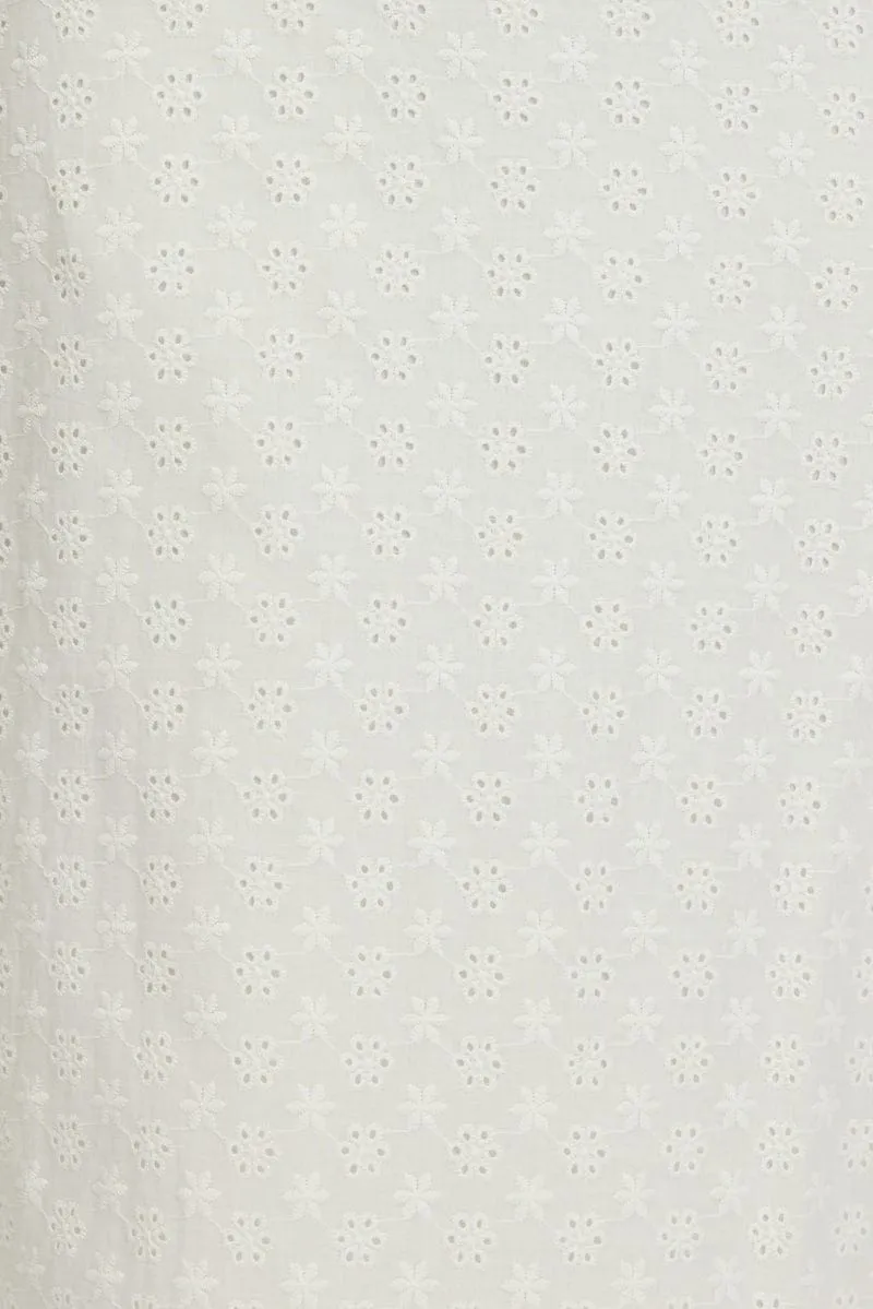 White Midi Dress Lace Trim Sleeveless Eyelet Fabric