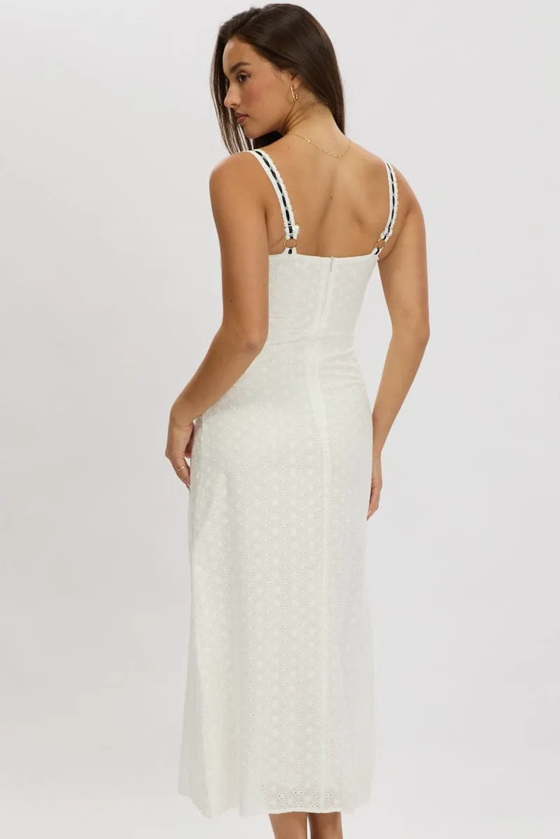 White Midi Dress Lace Trim Sleeveless Eyelet Fabric