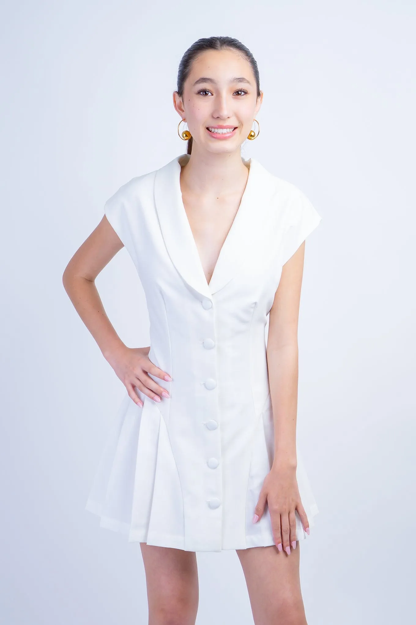 White Side Pleated Blazer Dress