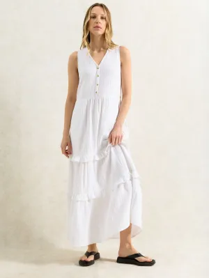 White V-Neck Cheesecloth Midaxi Dress
