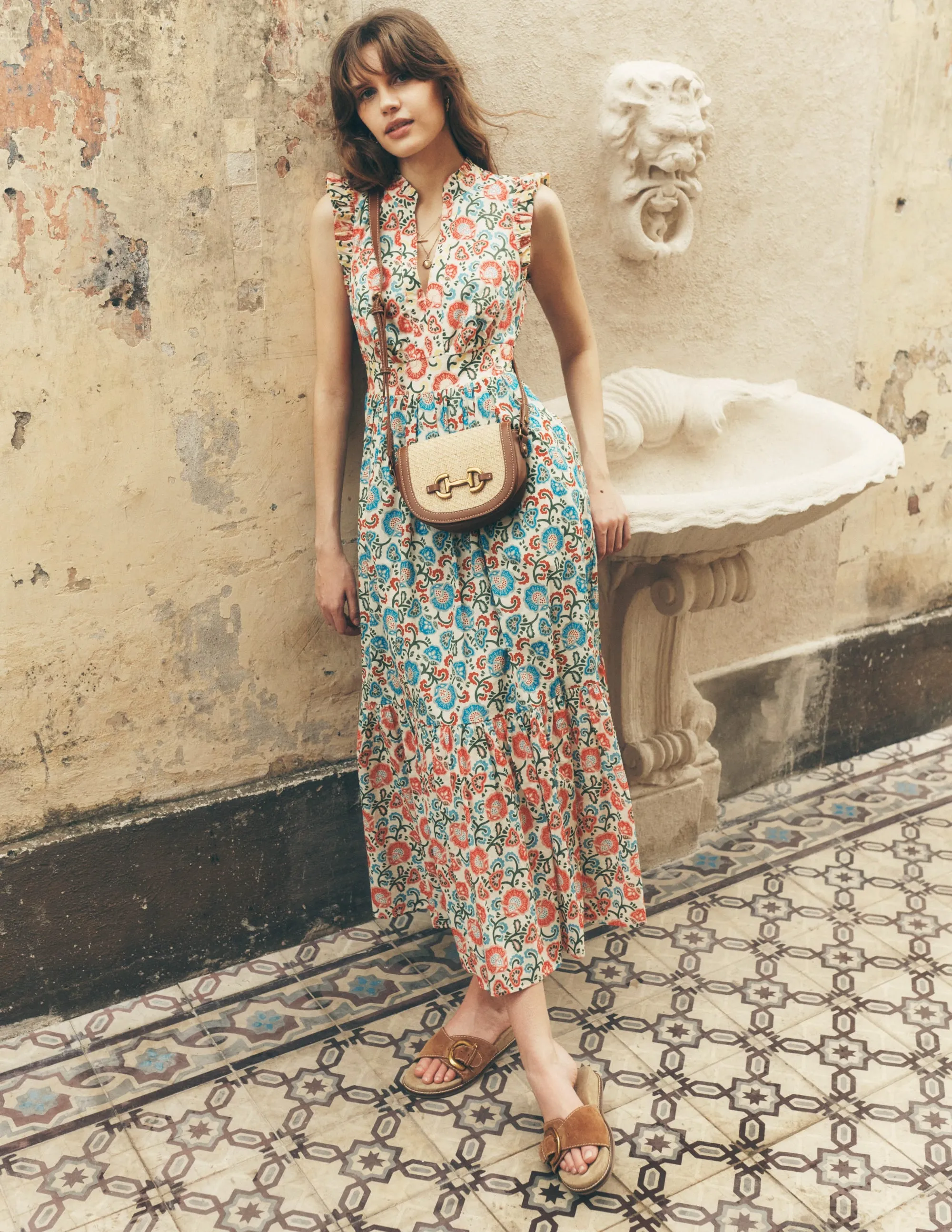 Wren Tiered Midi Dress-Ivory. Garden Vine
